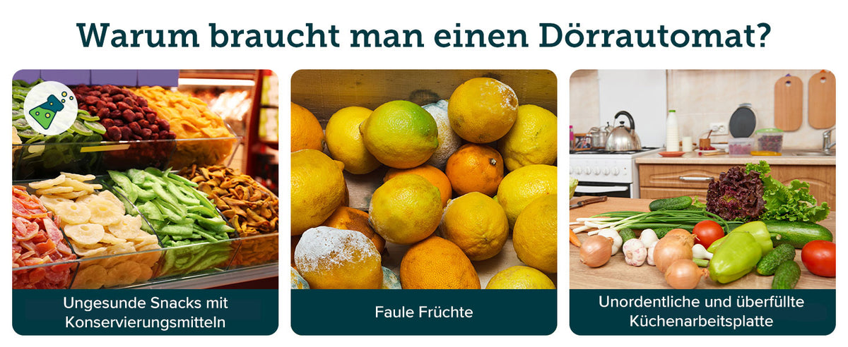 Warum braucht man einen Dörrautomat? Ungesunde Snacks mit Konservierungsmitteln Faule Früchte Unordentliche und überfüllte Küchenarbeitsplatte
