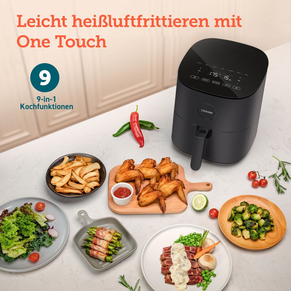 Einfache Bedienung der COSORI Heißluftfritteuse mit One-Touch-Programmen