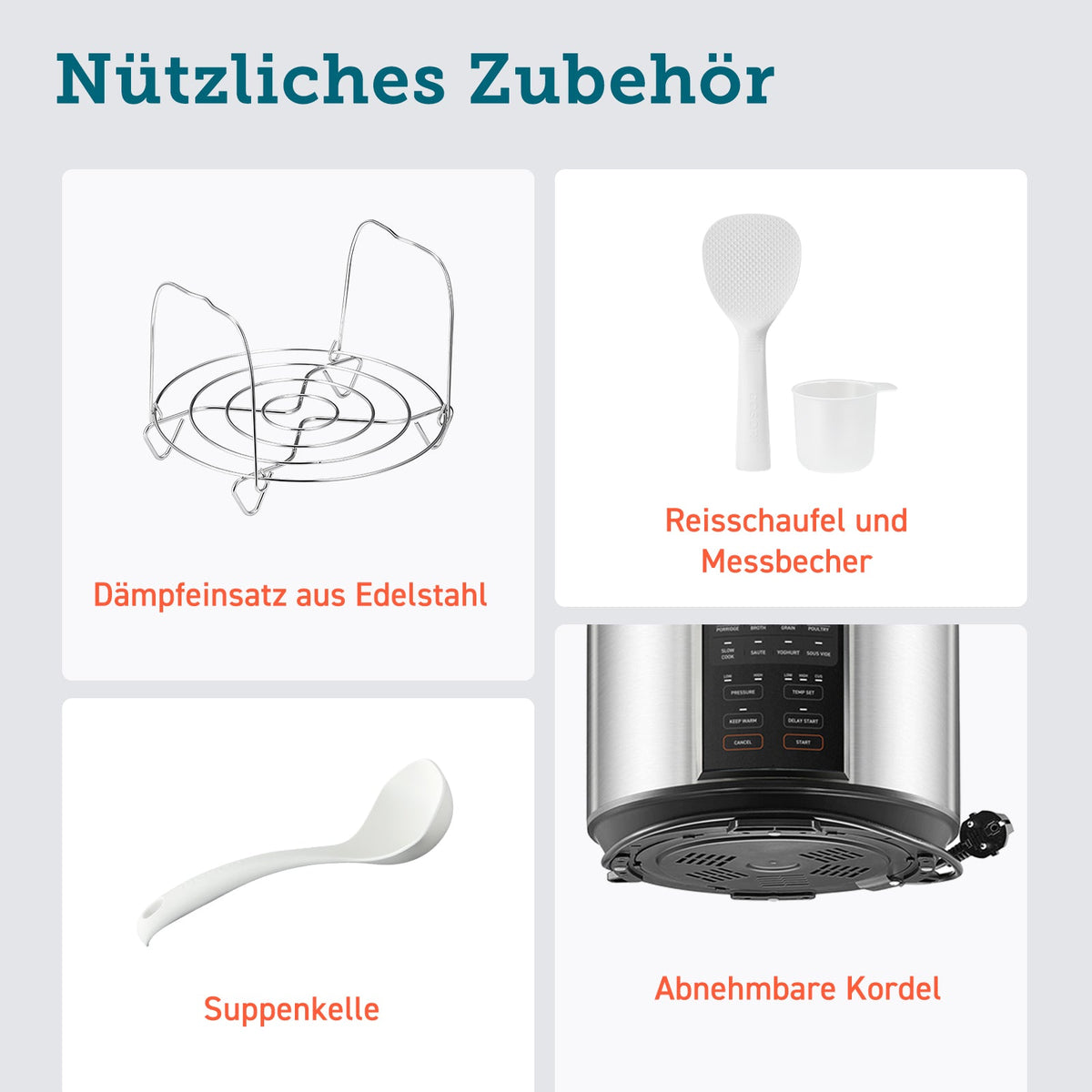 Zubehör für den COSORI Schnellkochtopf wie Dampfkorb und Messbecher