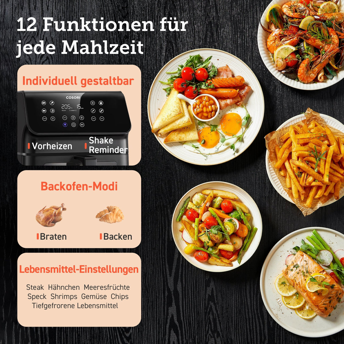 12 Kochfunktionen der COSORI Heißluftfritteuse für verschiedene Gerichte