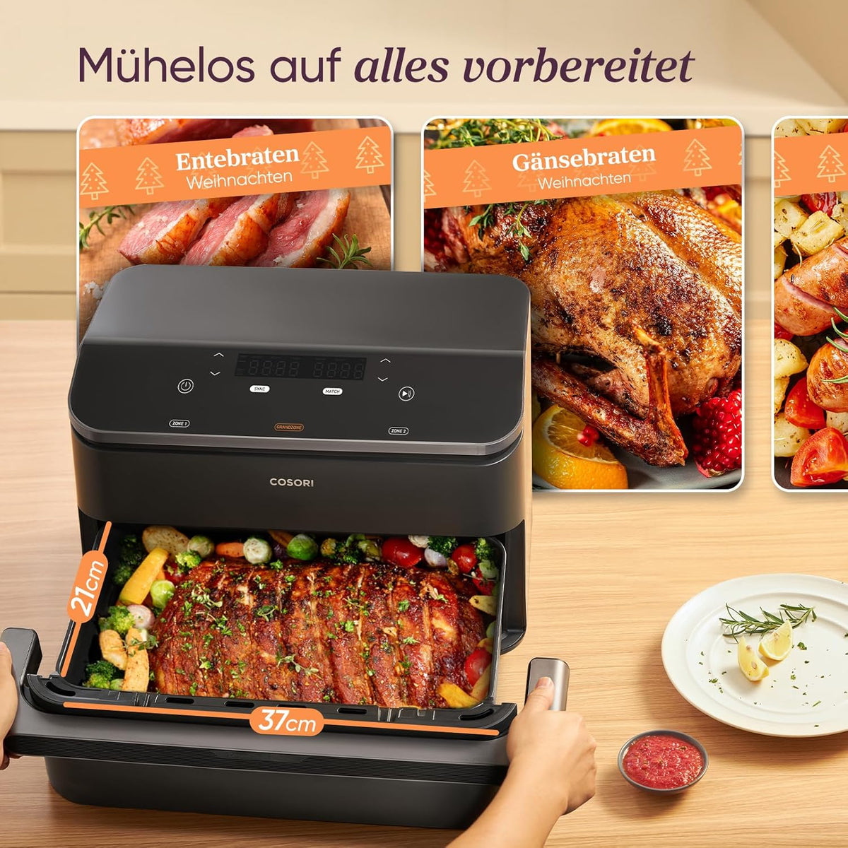 Einfache Zubereitung verschiedener Gerichte gleichzeitig mit der COSORI Dual-Kammer Heißluftfritteuse