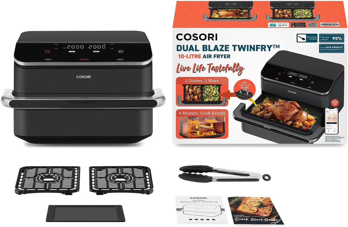 Lieferumfang der COSORI Dual Blaze Twinfry™ 10-Liter Heißluftfritteuse mit Zubehör