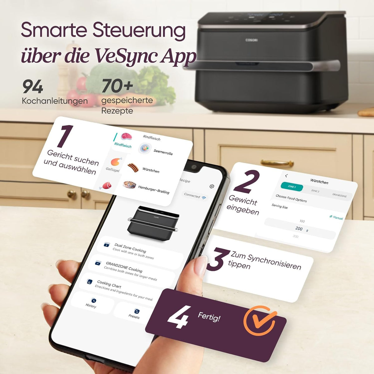 Smarte Steuerung der COSORI Dual Blaze Twinfry Heißluftfritteuse über die VeSync App
