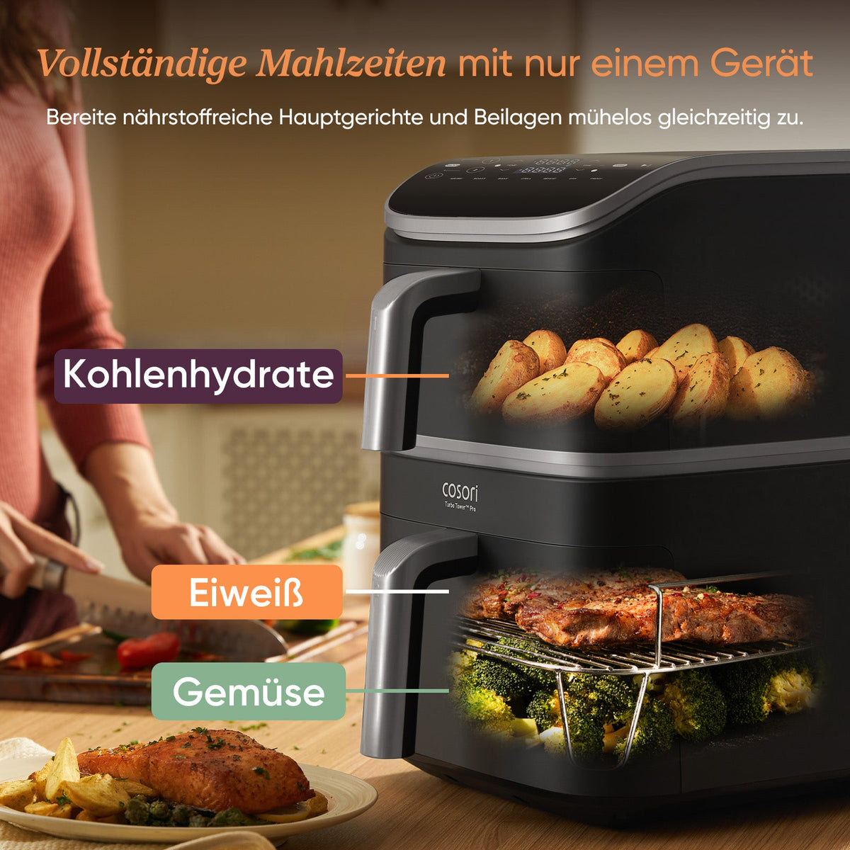 Zubereitung kompletter Mahlzeiten mit der COSORI Turbo Tower Heißluftfritteuse