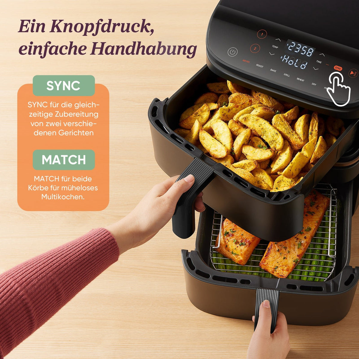 Einfache Bedienung der COSORI Turbo Tower Heißluftfritteuse per Knopfdruck