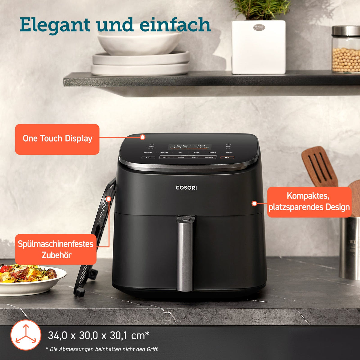 Elegantes Design der COSORI TurboBlaze™ Heißluftfritteuse für moderne Küchen