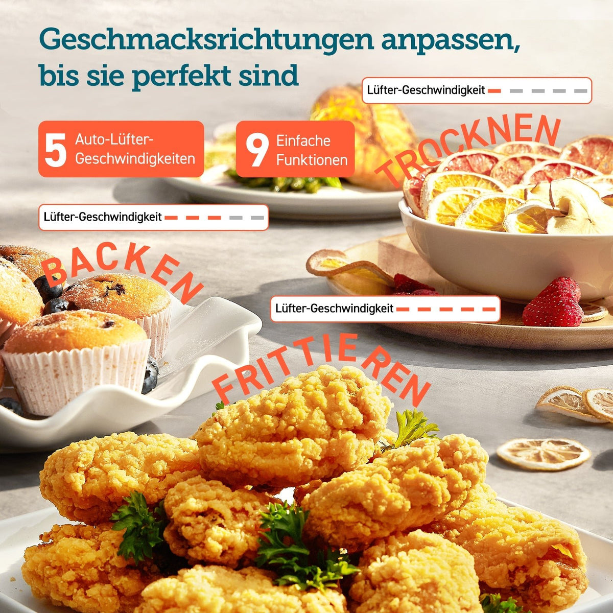 Verschiedene Kochmodi der COSORI Heißluftfritteuse für Frittieren, Backen und Braten