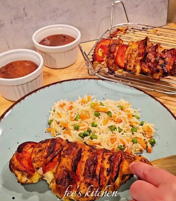 Airfryer Komplettmenü: Gemüse-Basmatireis, Gefächerte Hähnchenbrust & Schoko-Cheesecake - cusori.com