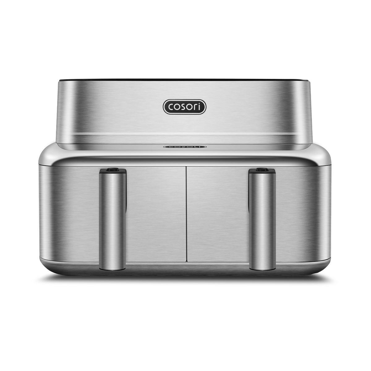 COSORI ICONIC™ Dual Edelstahl-Heißluftfritteuse 8,6 Liter – Frontansicht mit zwei Garkörben