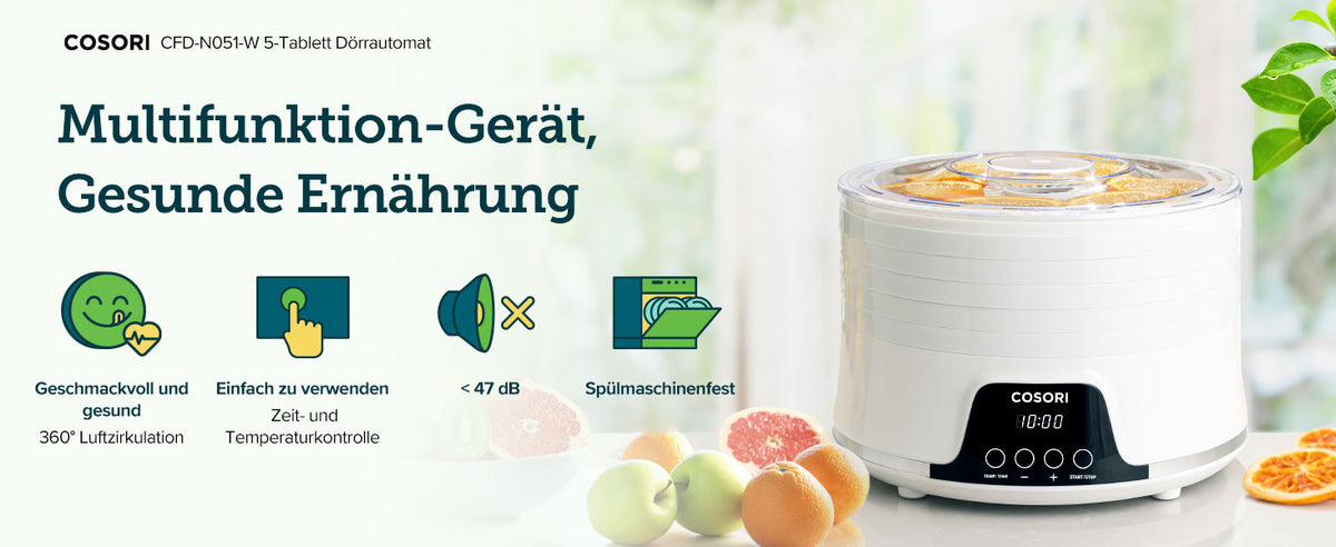 COSORI  CFD-N501-W 5-Tablett Dörrautomat  Multifunktion-Gerät, Gesunde Ernährung  Geschmackvoll und gesund 360° Luftzirkulation  Einfach zu verwenden Zeit- und Temperaturkontrolle  ＜47 dB  Spülmaschinenfest