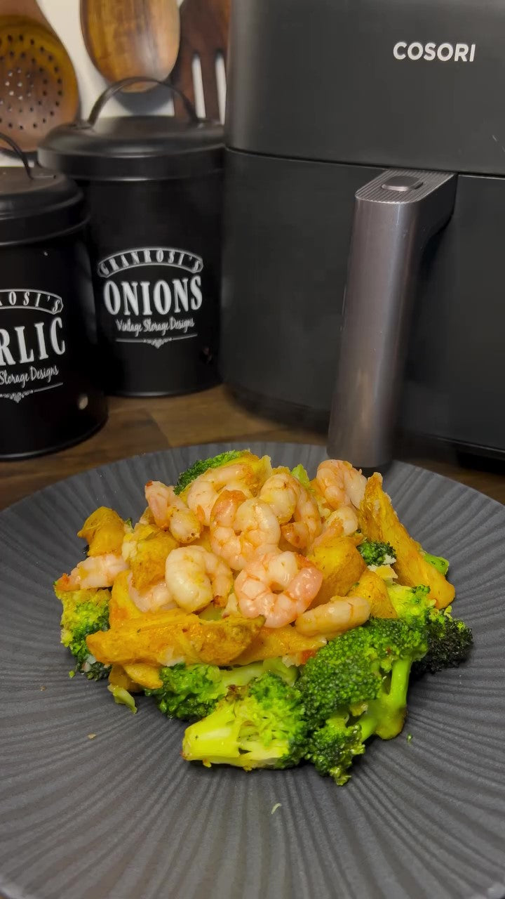 Knuspriges Ofen-Trio: Brokkoli, Garnelen & Kartoffel-Wedges