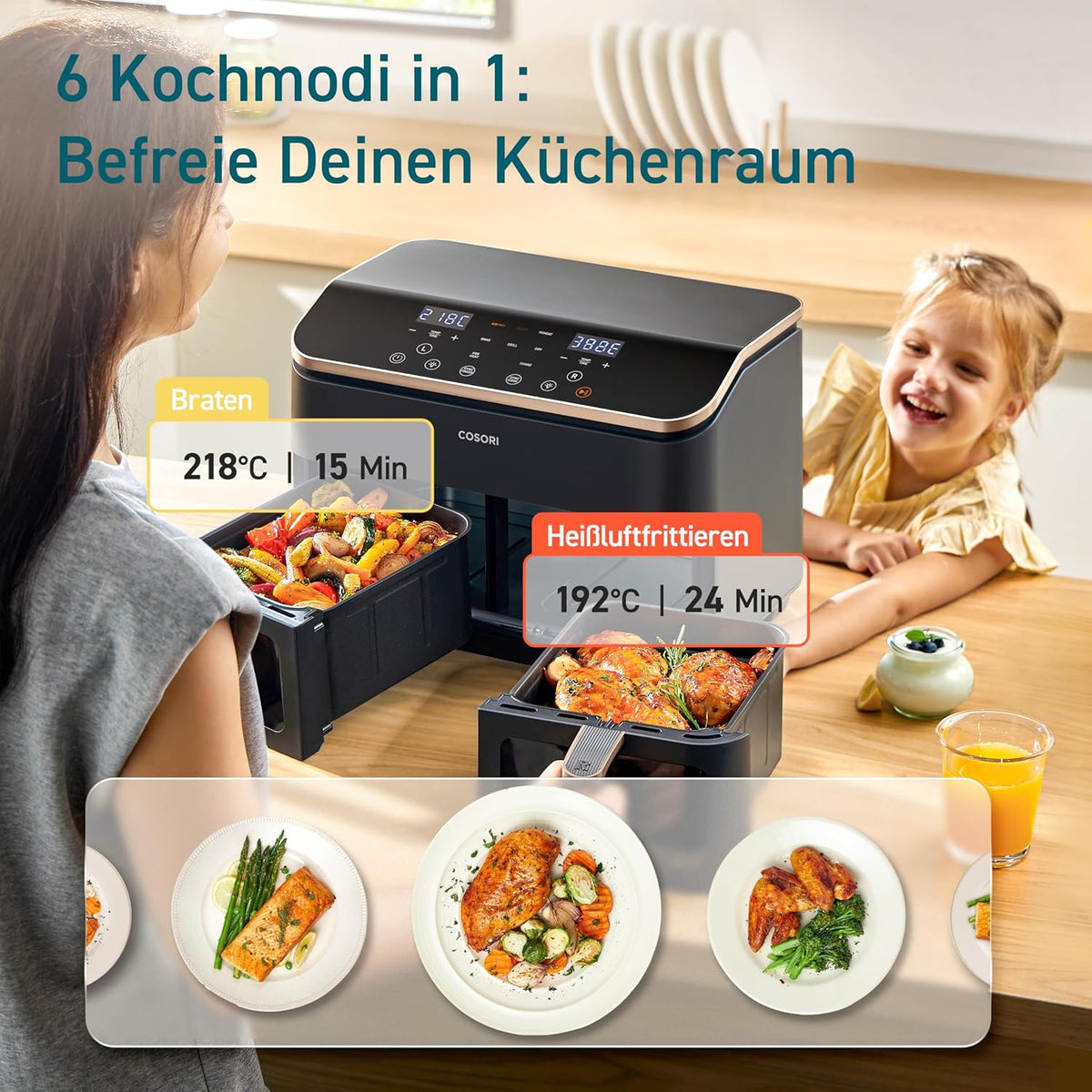 Zwei separate Garkammern der COSORI 2-Kammern Heißluftfritteuse für gleichzeitiges Kochen