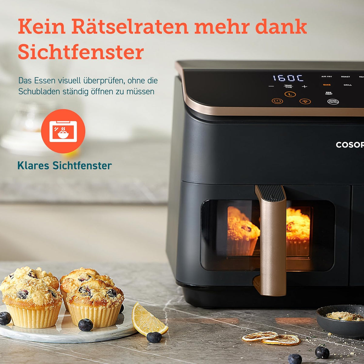 Sichtfenster der COSORI 2-Kammern Heißluftfritteuse zur Kontrolle des Garvorgangs