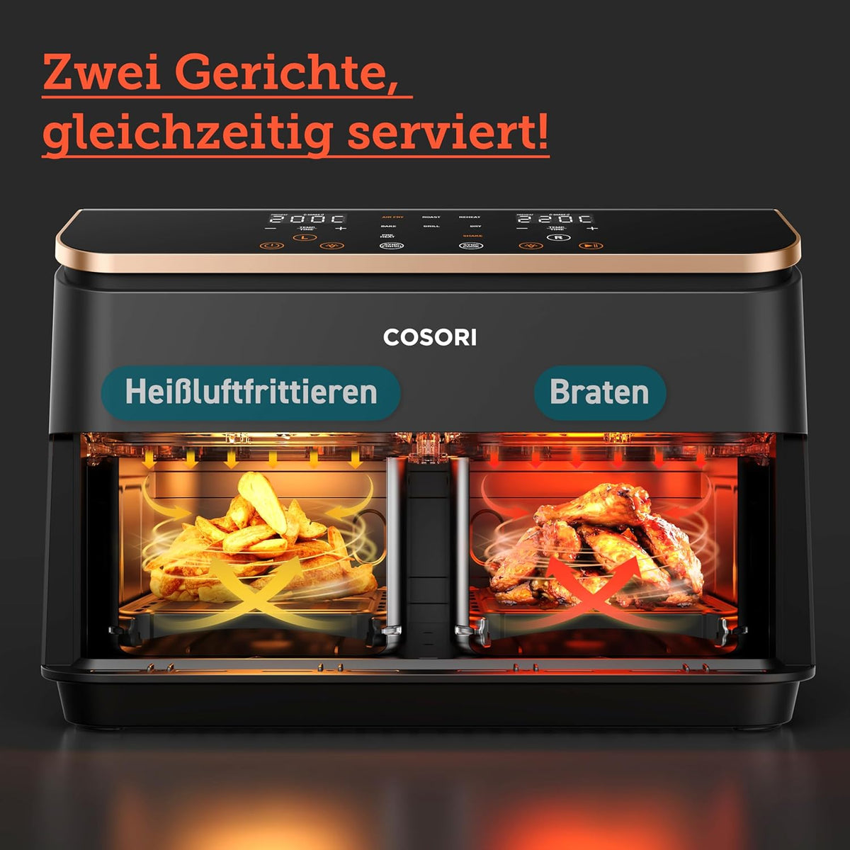 Gleichzeitiges Servieren zweier Gerichte mit der COSORI 2-Kammern Heißluftfritteuse