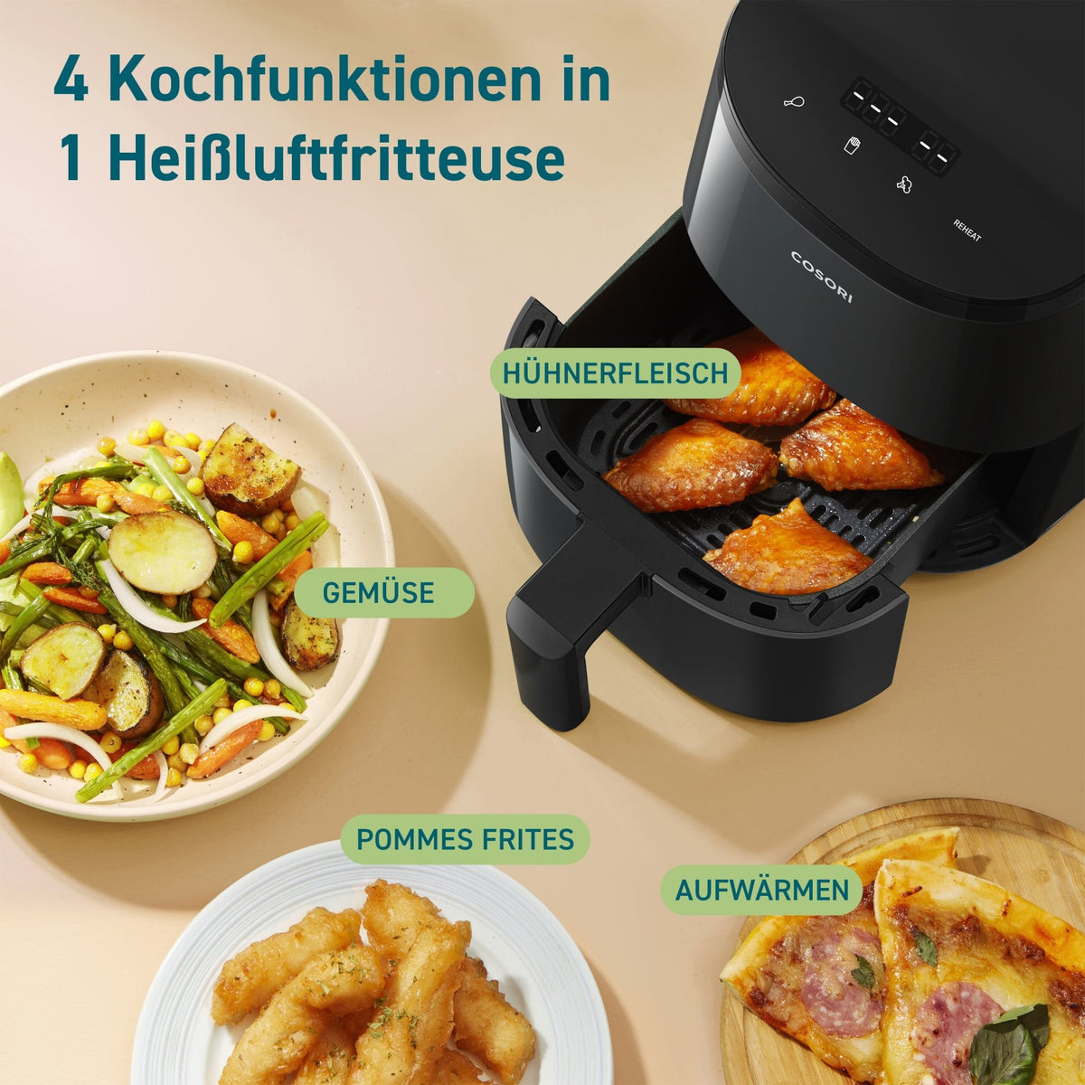 4 Kochfunktionen der COSORI Mini Heißluftfritteuse für verschiedene Gerichte
