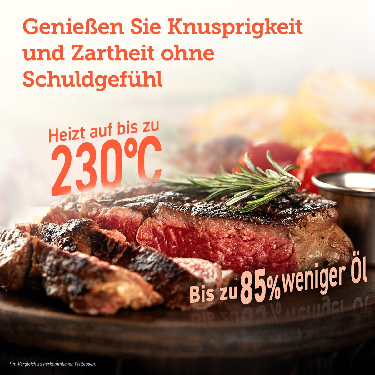 Knusprige Ergebnisse mit wenig Öl dank Heißlufttechnologie bis 230 °C