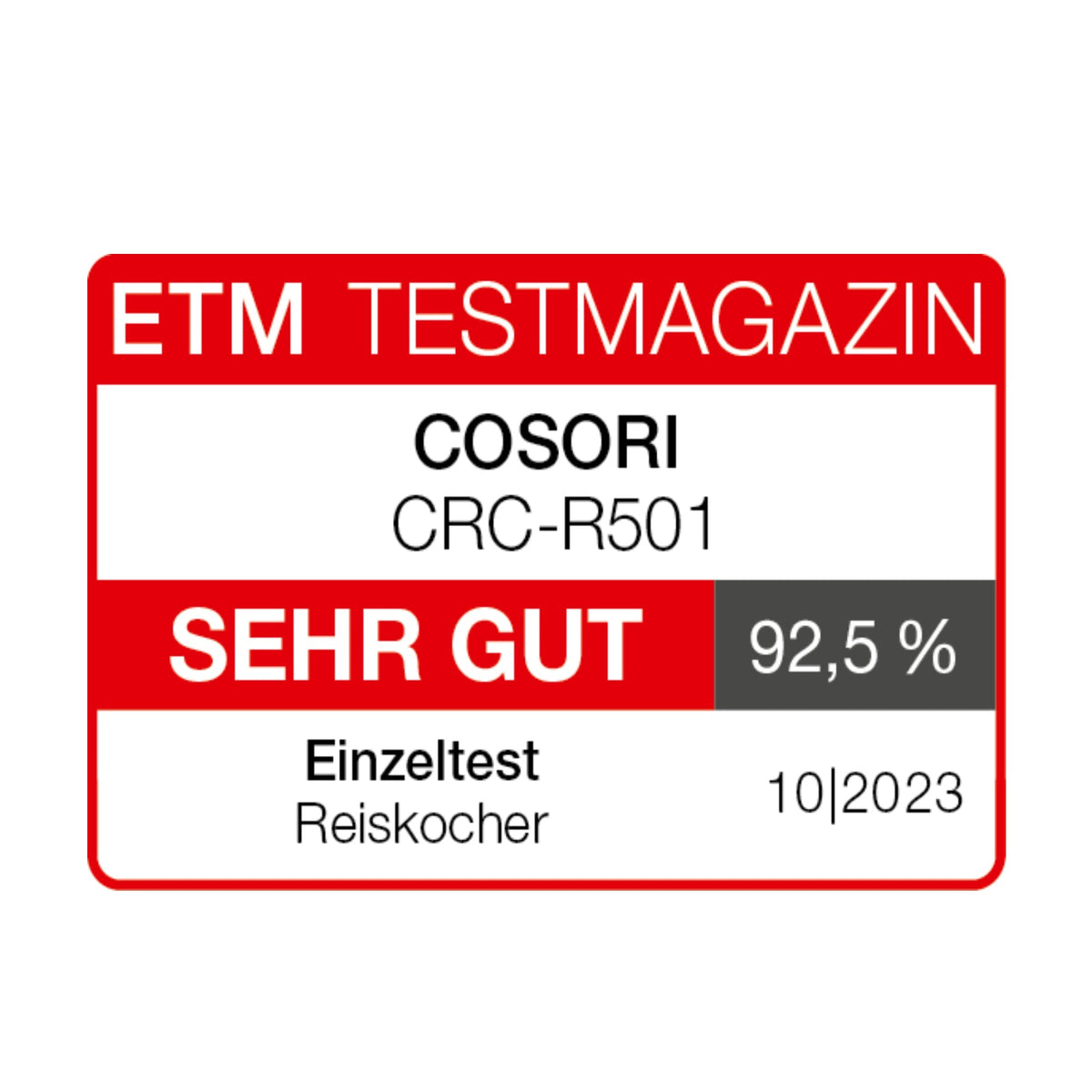 ETM Testmagazin Bewertung „Sehr gut“ für den COSORI Reiskocher