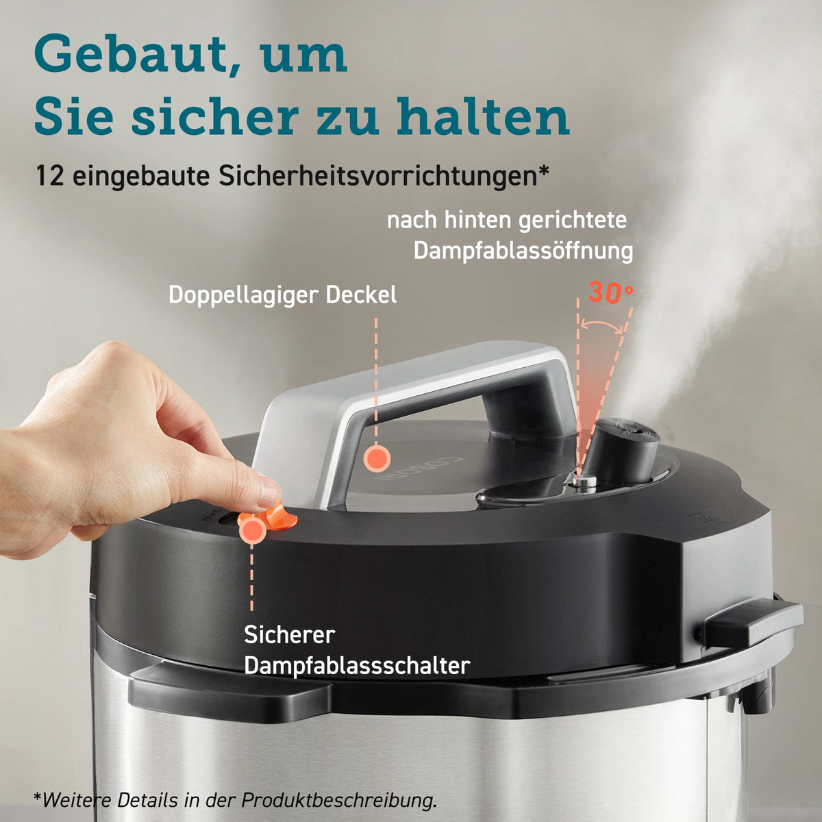 Sicherheitsfunktionen des COSORI Schnellkochtopfs mit Verriegelungssystem
