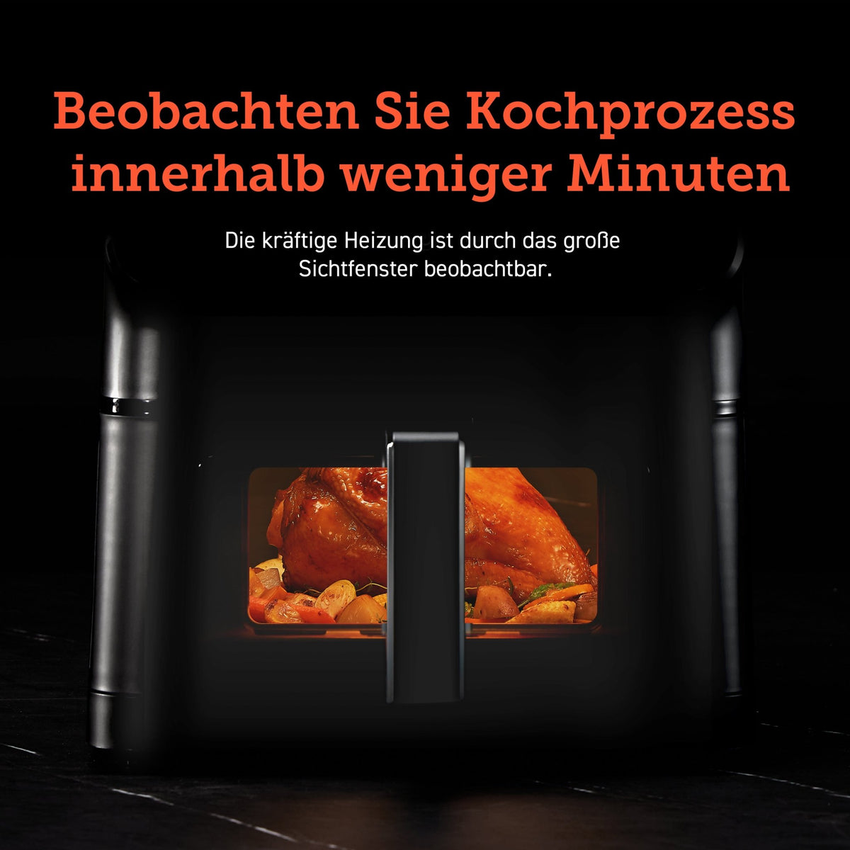 Sichtfenster der COSORI Clear Blaze Heißluftfritteuse zur Beobachtung des Garvorgangs