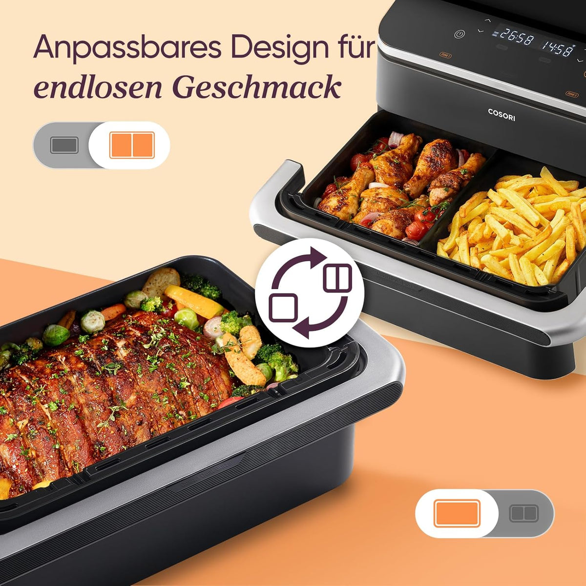 Flexibles Garraum-Design der COSORI Twinfry Heißluftfritteuse für unterschiedliche Speisen