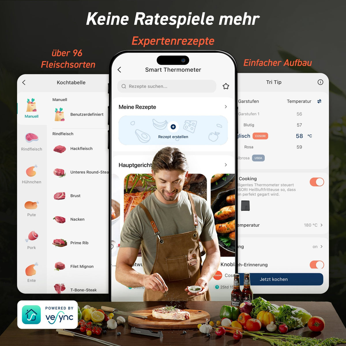 Geführtes Kochen mit Rezeptempfehlungen und Temperaturhinweisen in der COSORI App