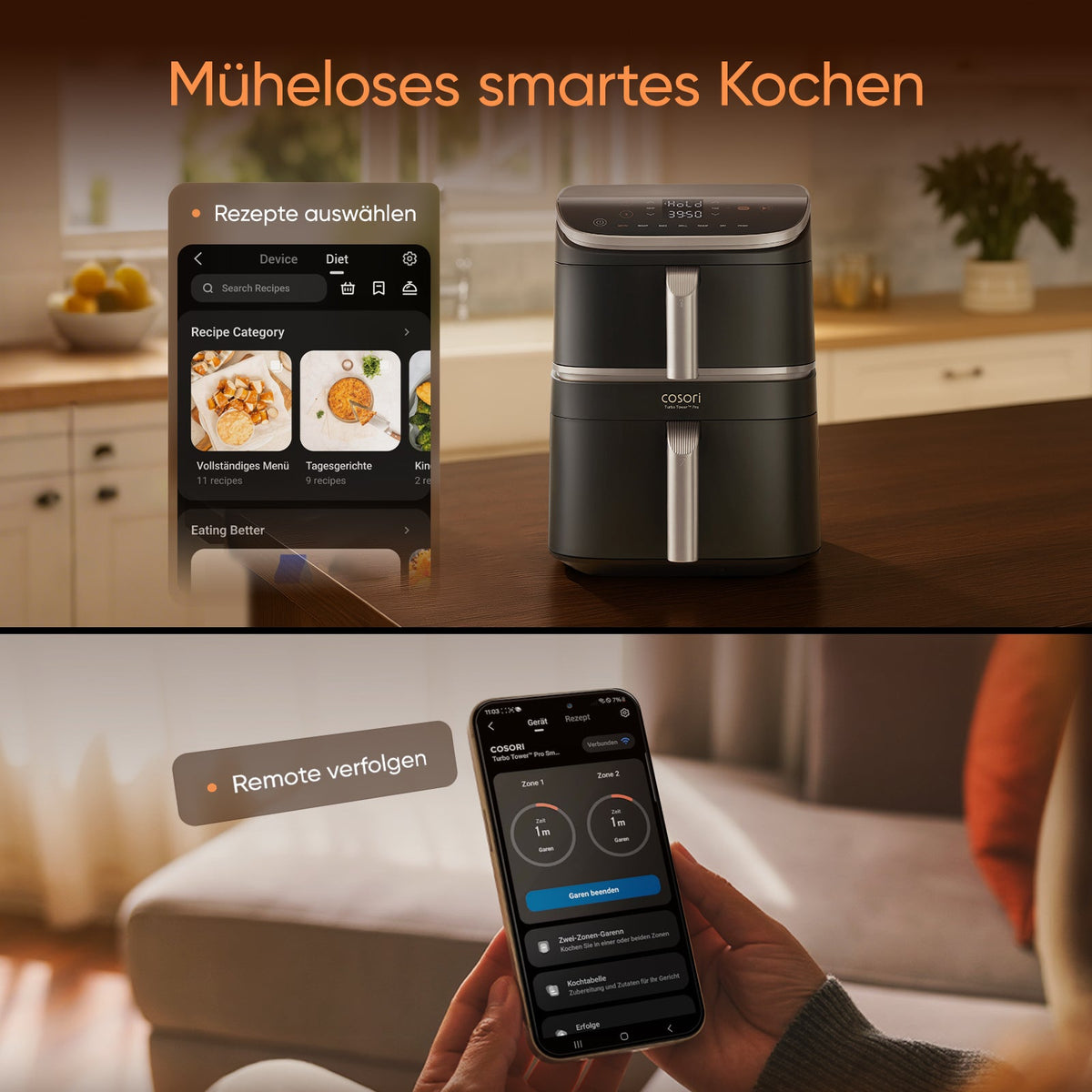 Smarte Steuerung der COSORI Turbo Tower Heißluftfritteuse über die VeSync App