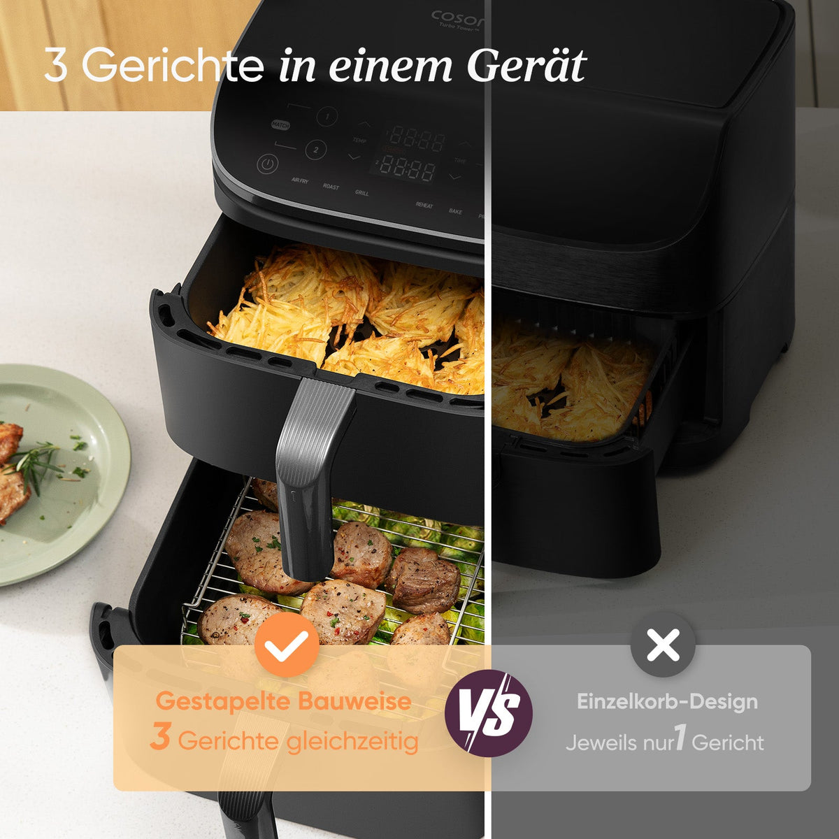 Gestapelte Bauweise der COSORI Turbo Tower Heißluftfritteuse für drei Gerichte gleichzeitig im Vergleich zum Einzelkorb-Design