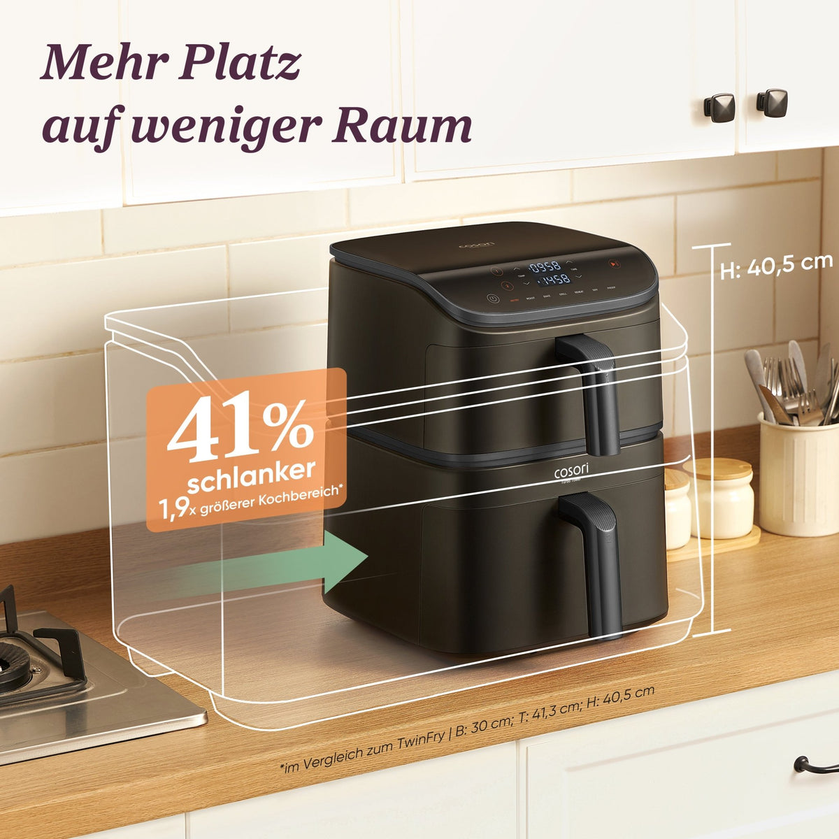 Mehr Platz auf der Arbeitsfläche dank kompakter Bauweise der COSORI Turbo Tower Heißluftfritteuse